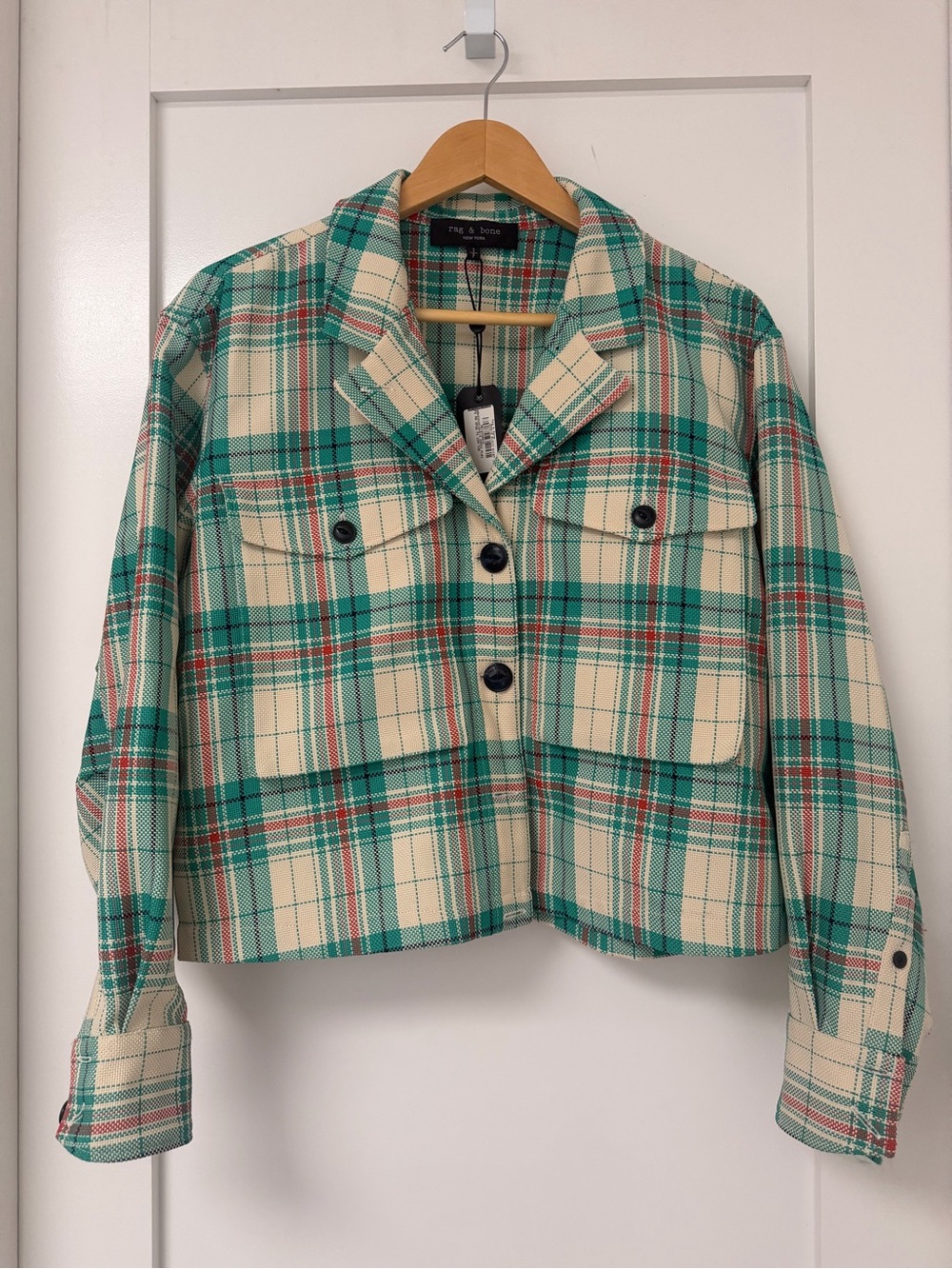 rag & bone Jessie Plaid Crop Shirt Jacket Teal Cream - Size S